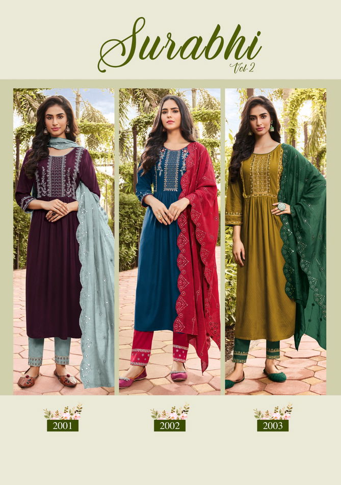 Surabhi Vol 2 By Ladies Flavour Rayon Kurti With Bottom Dupatta Catalog
